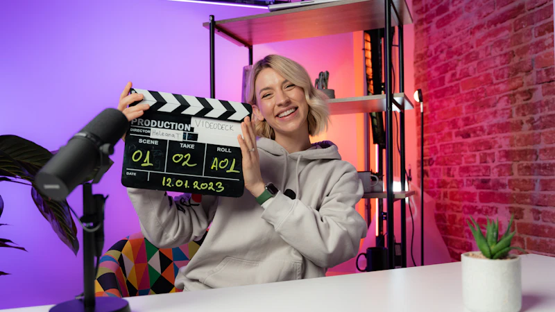 Creator holding a clapperboard before filming